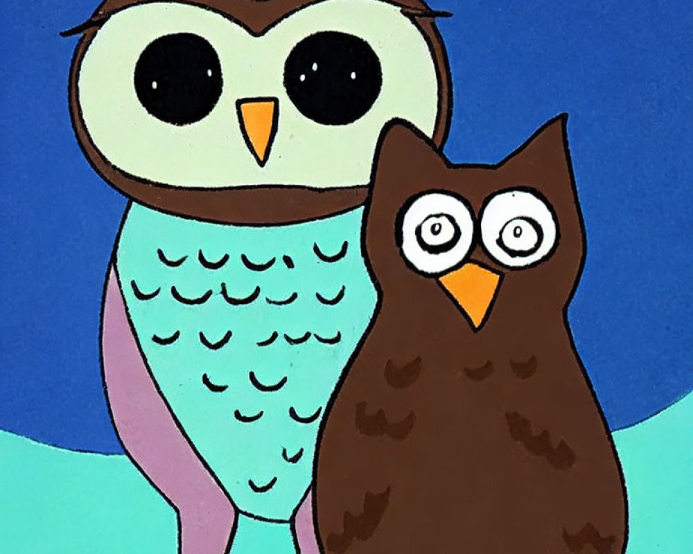 Cartoon Owls with Large Eyes on Blue Background with Moon