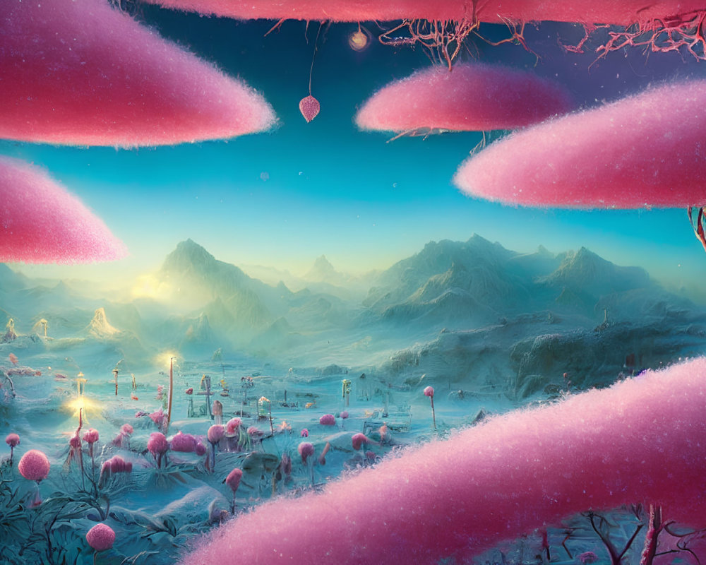 Fantastical winter landscape with pink foliage and icy mountains