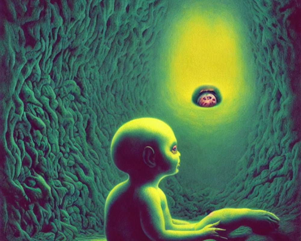 Surreal painting featuring alien-like infant in textured green tunnel reaching for glowing orb with human face