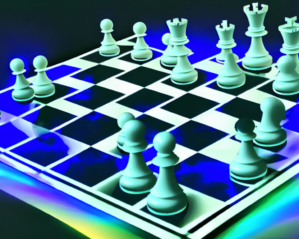 Vibrant neon-lit digital chessboard illustration