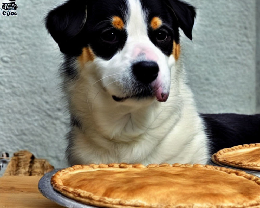 Black, White, and Tan Dog with Tongue Out Near Two Golden-Brown Pies