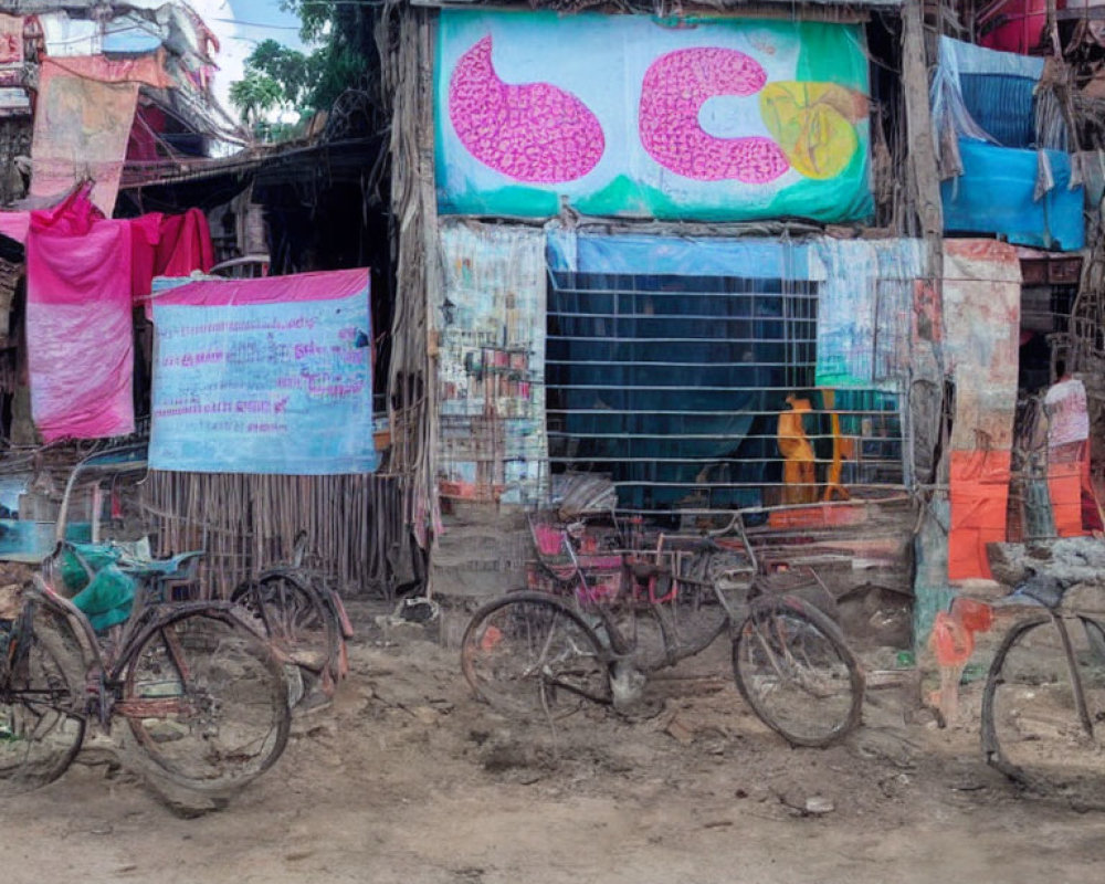 Colorful Cloth and Bicycles at Rustic Roadside Shop in Shantytown