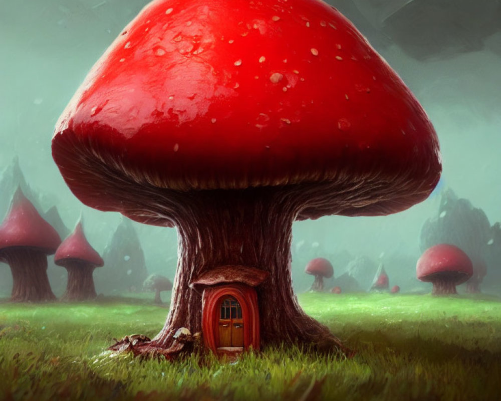 Whimsical red-capped mushroom with door in lush landscape