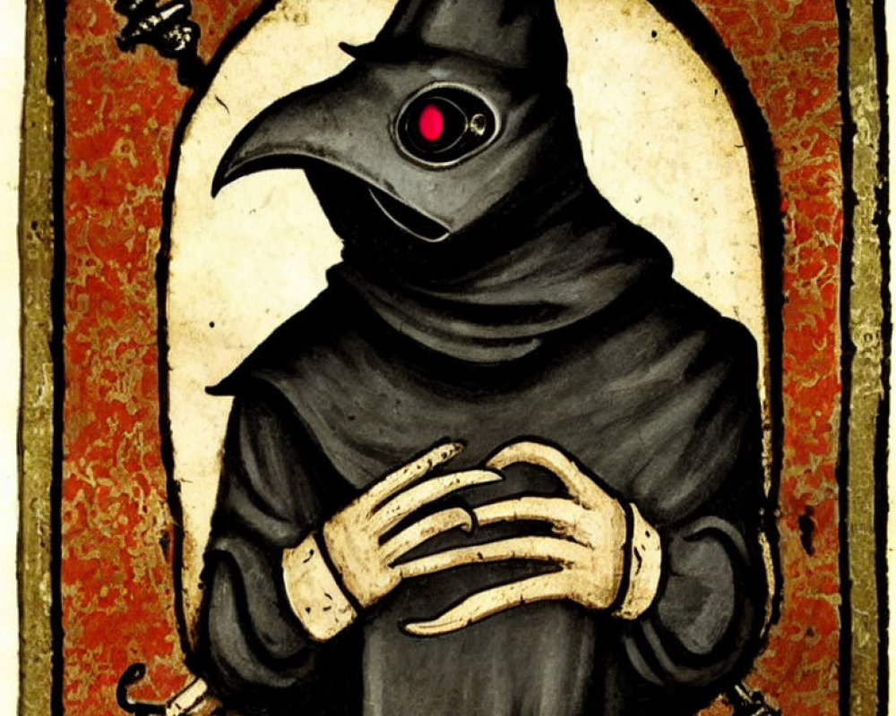 Plague doctor figure in black cloak on golden background