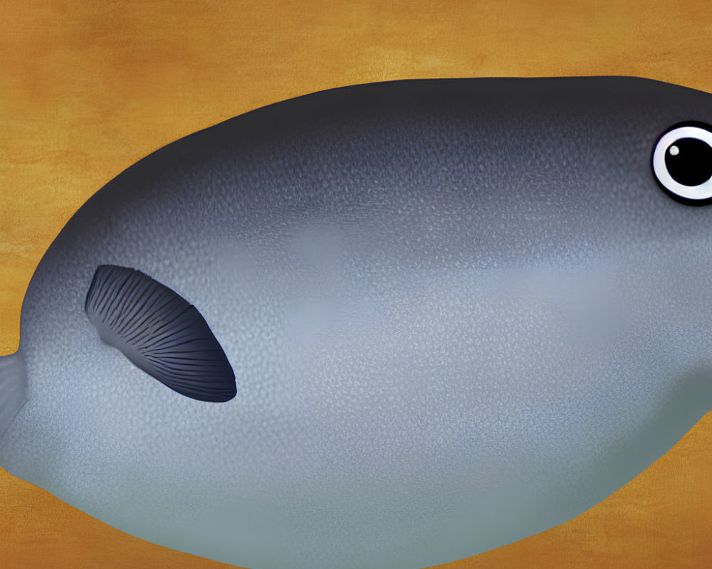 Cartoonish grey fish with big eye and small fin on orange background