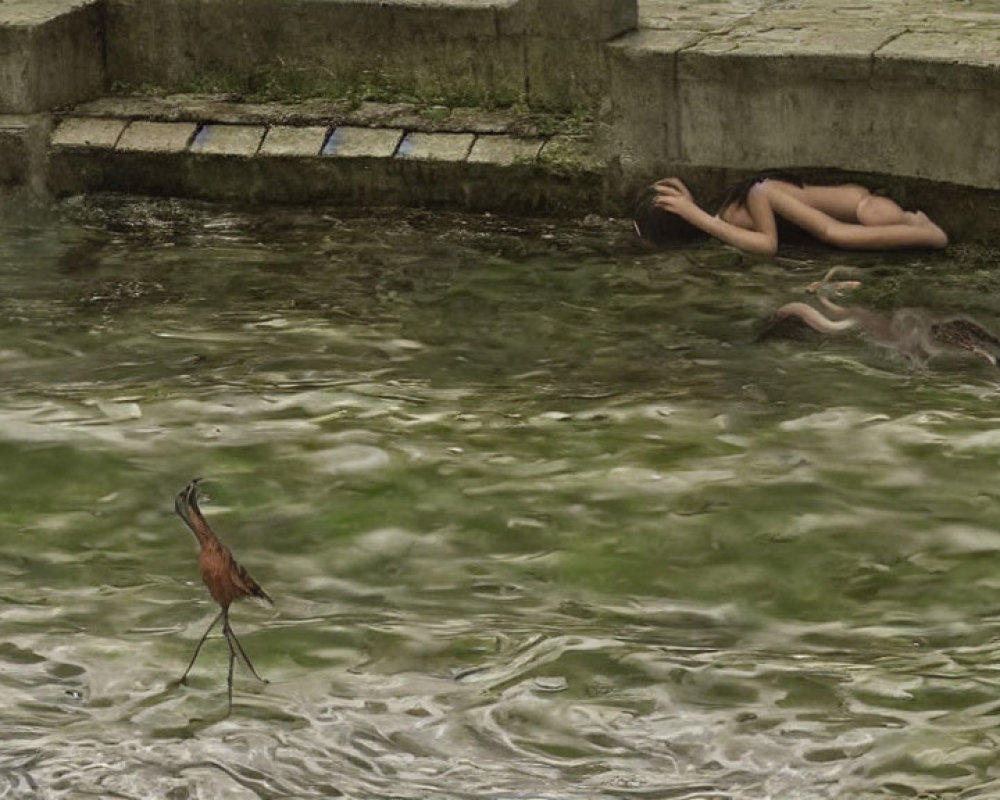 Heron Standing in Shallow Water with Submerged Figures on Concrete Ledge