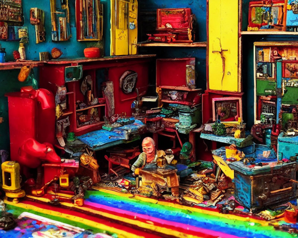 Colorful clutter and seated figure in vibrant miniature room