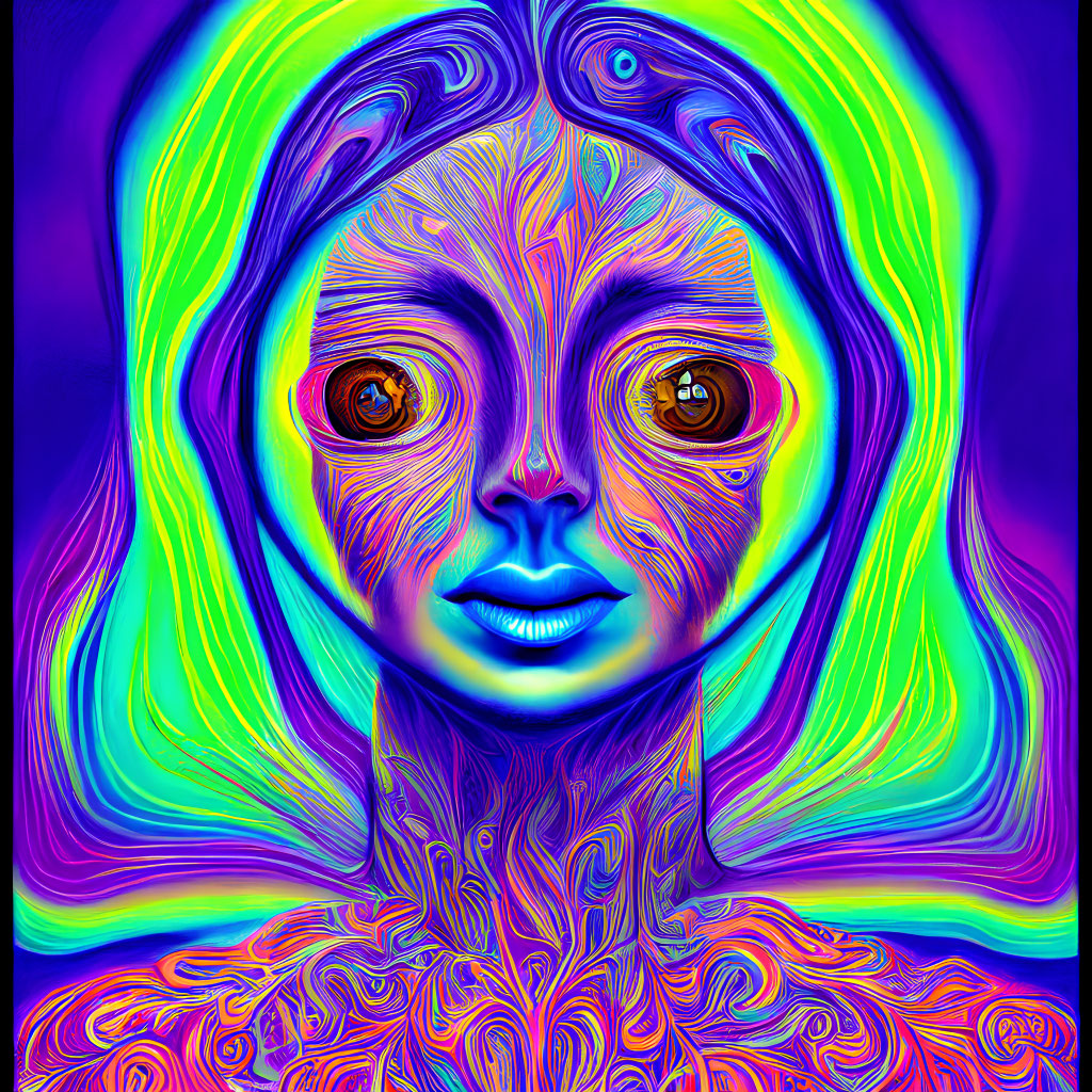 Colorful digital artwork: Human-like figure with psychedelic patterns and eyes, smiling against vibrant backdrop