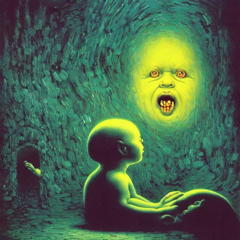 Surreal image of fetus-like figure with ghostly face and sharp teeth in greenish cave.