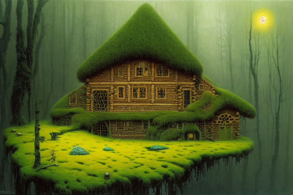 Wooden cabin with grass-covered roof in misty forest clearing