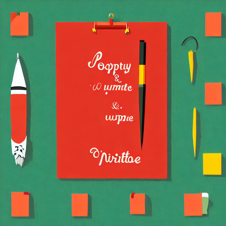 Red Clipboard with Fanciful Script and Stationery Items on Green Background