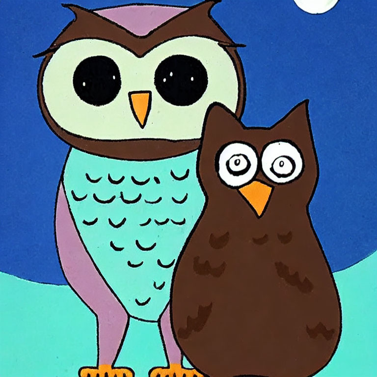 Cartoon Owls with Large Eyes on Blue Background with Moon