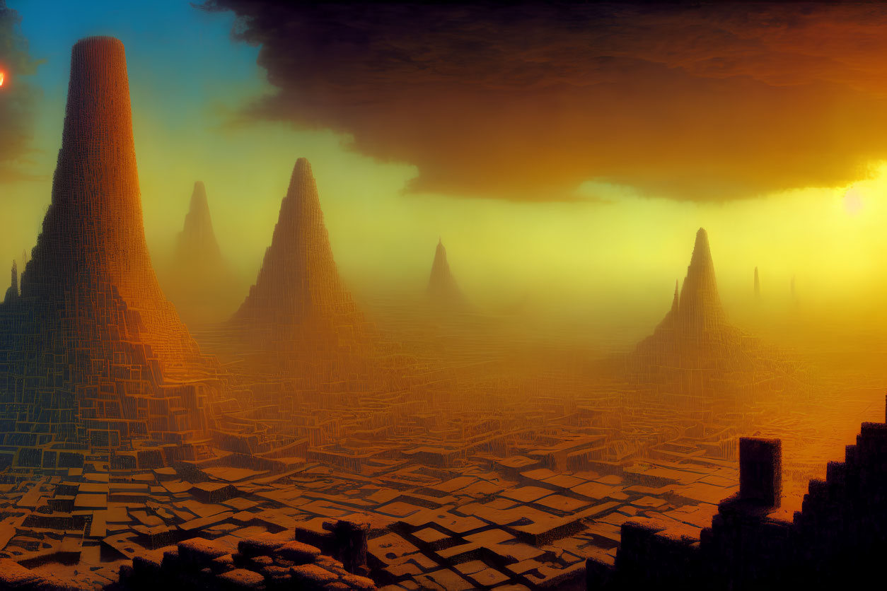 Surreal hazy landscape with towering spire-like formations and block structures under an orange sky