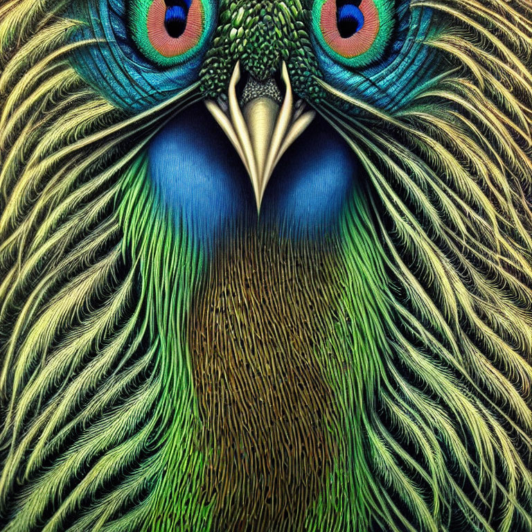 Vibrant blue and green peacock feathers close-up with detailed eye patterns