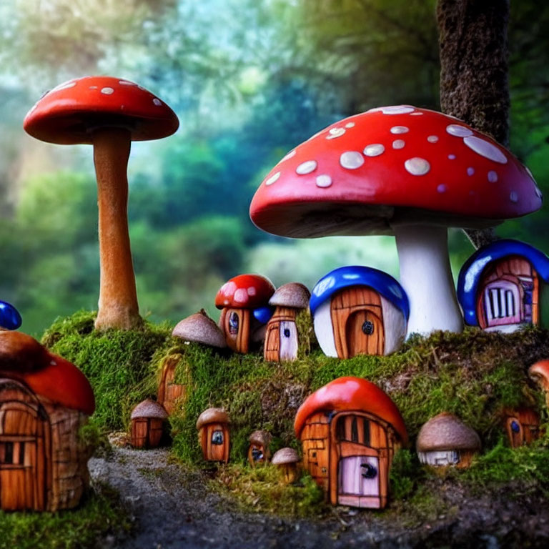 Miniature Mushroom Houses in Vibrant Fantasy Forest