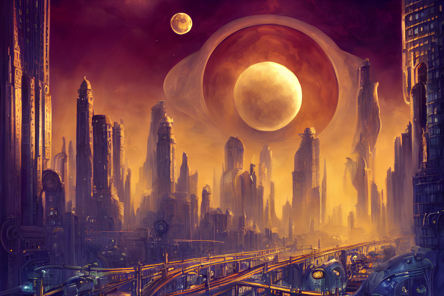 Futuristic cityscape with towering skyscrapers under orange sky