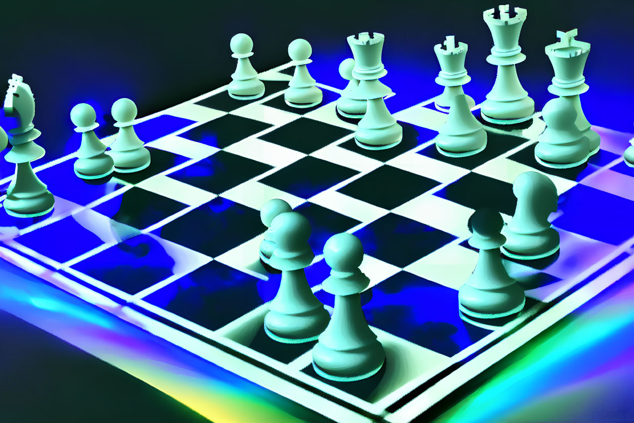 Vibrant neon-lit digital chessboard illustration