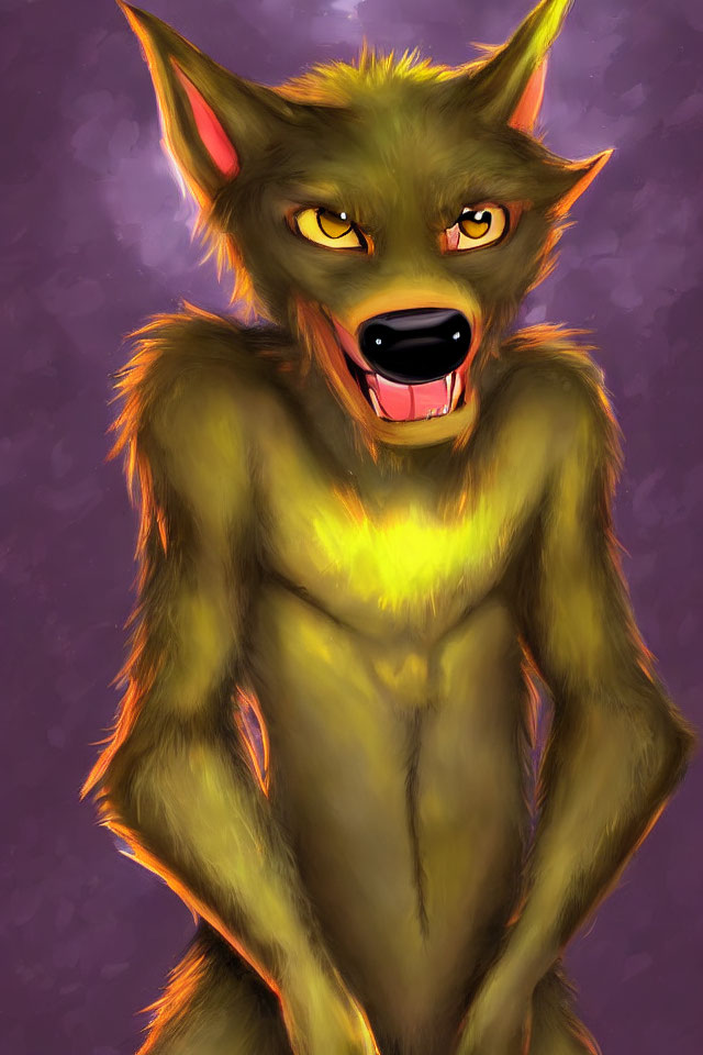 Anthropomorphic wolf with amber eyes and brown fur on purple background.