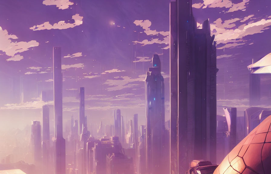 Futuristic cityscape at dusk with towering skyscrapers and colorful sky