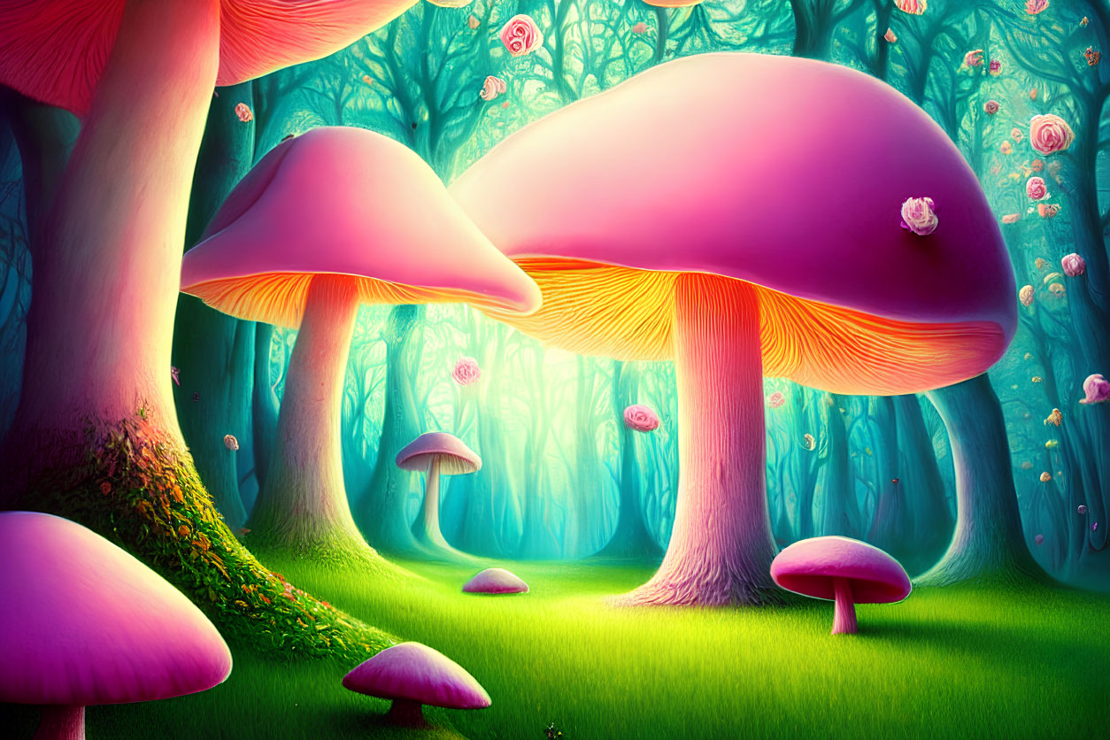 Whimsical forest with oversized pink mushrooms and floating bubbles