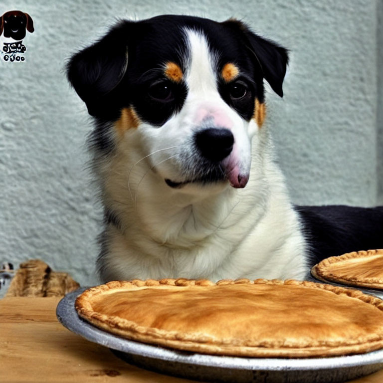 Black, White, and Tan Dog with Tongue Out Near Two Golden-Brown Pies