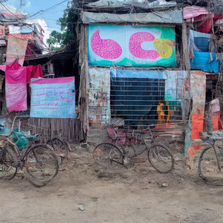 Colorful Cloth and Bicycles at Rustic Roadside Shop in Shantytown