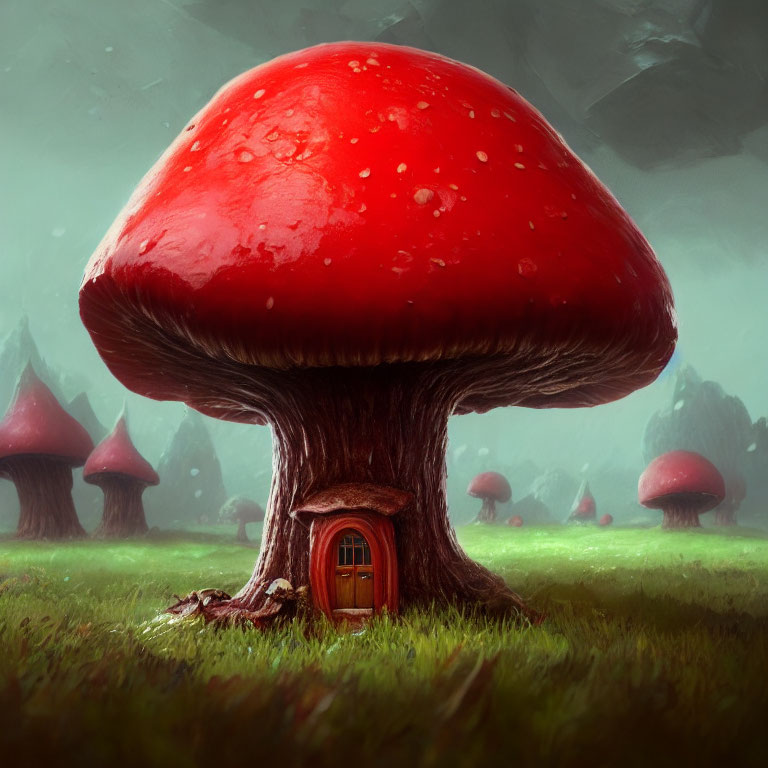 Whimsical red-capped mushroom with door in lush landscape