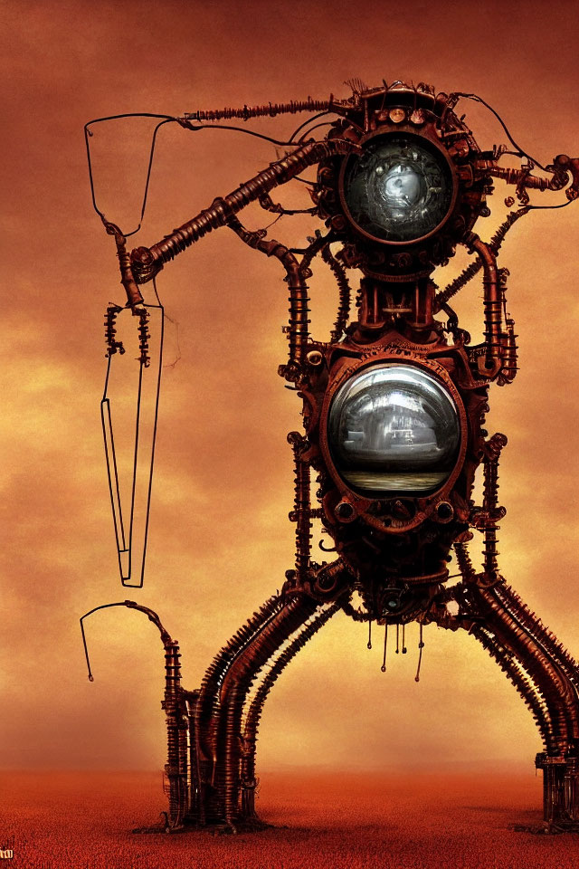 Intricate steampunk robotic figure with glassy orbs in hazy sky