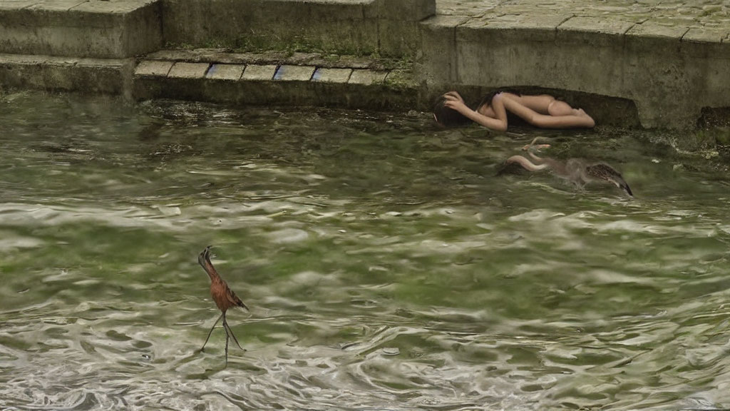 Heron Standing in Shallow Water with Submerged Figures on Concrete Ledge