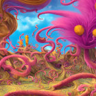 Swirling pink and yellow flora in surreal landscape under bright blue sky