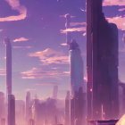 Futuristic cityscape at dusk with towering skyscrapers and colorful sky