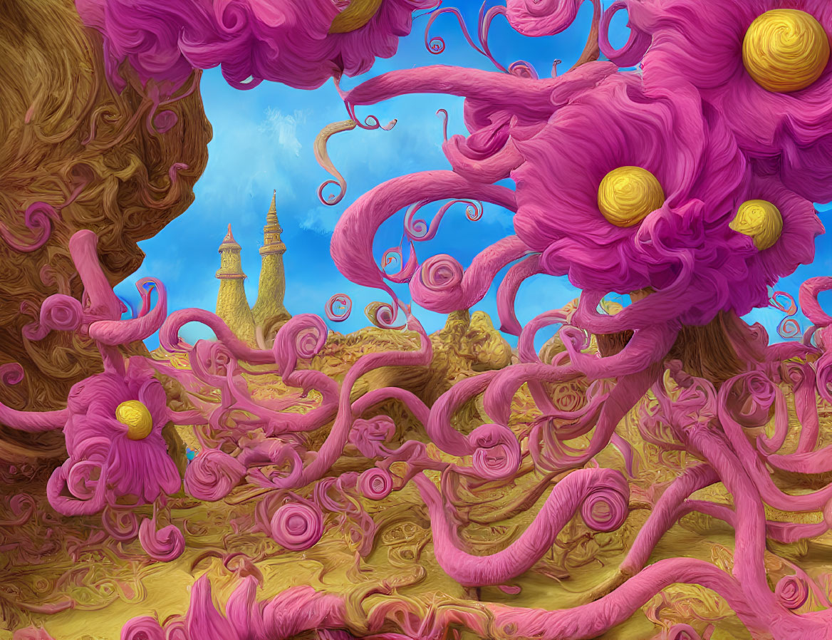 Swirling pink and yellow flora in surreal landscape under bright blue sky