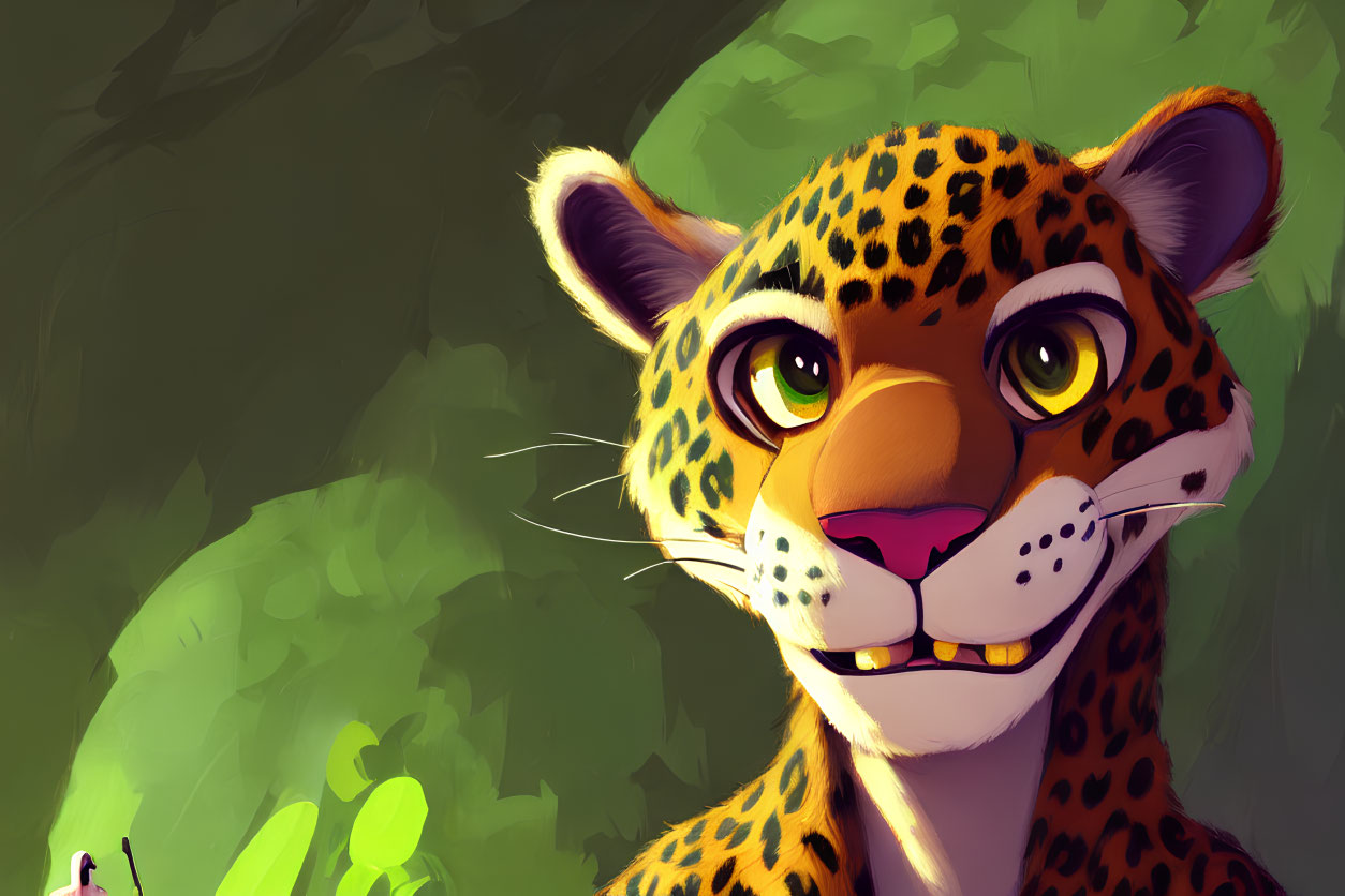 Detailed close-up illustration of a smiling cheetah against green foliage.