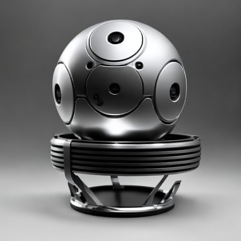 Shiny metallic spherical object with circular patterns on black base