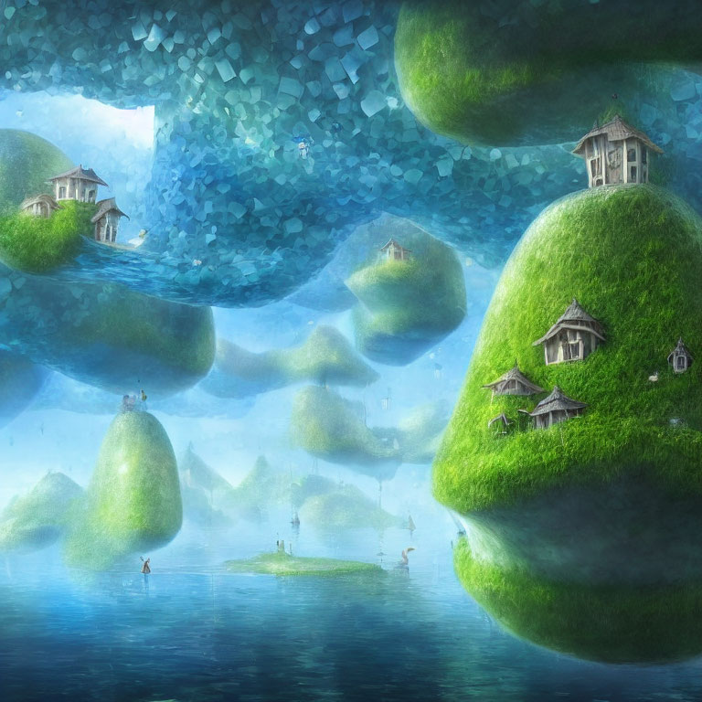 Green floating islands with houses over crystal sky and serene blue water.