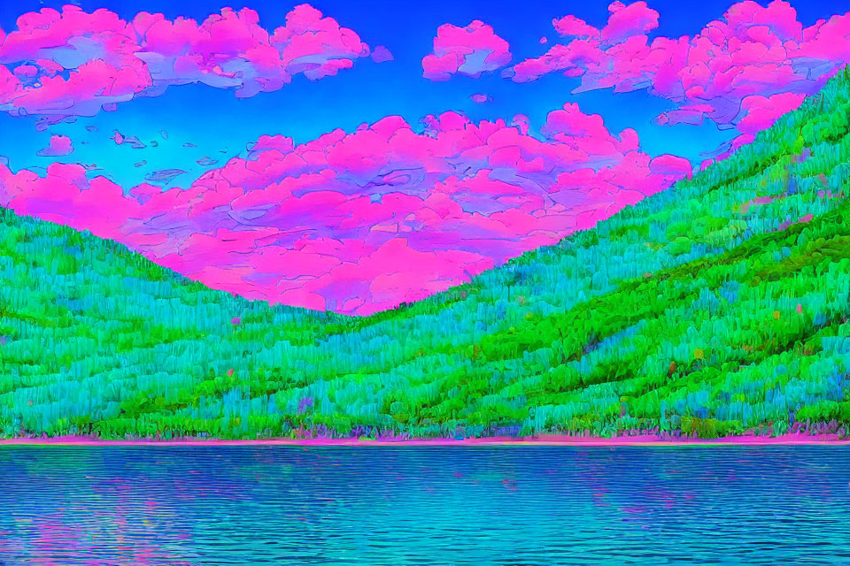 Digitally altered landscape with neon pink clouds and vivid colors