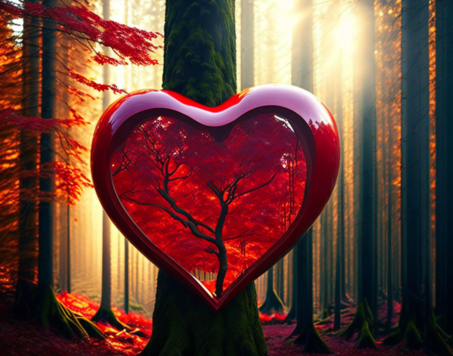 Heart-shaped frame encapsulates vibrant autumn forest with sunbeams.