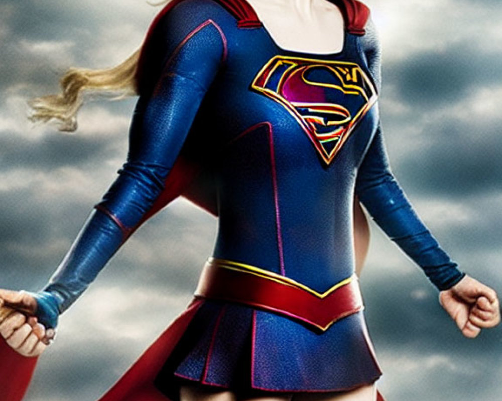 Blonde Supergirl in Red Cape Against Stormy Sky