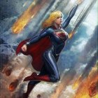 Blonde Supergirl in Red Cape Against Stormy Sky