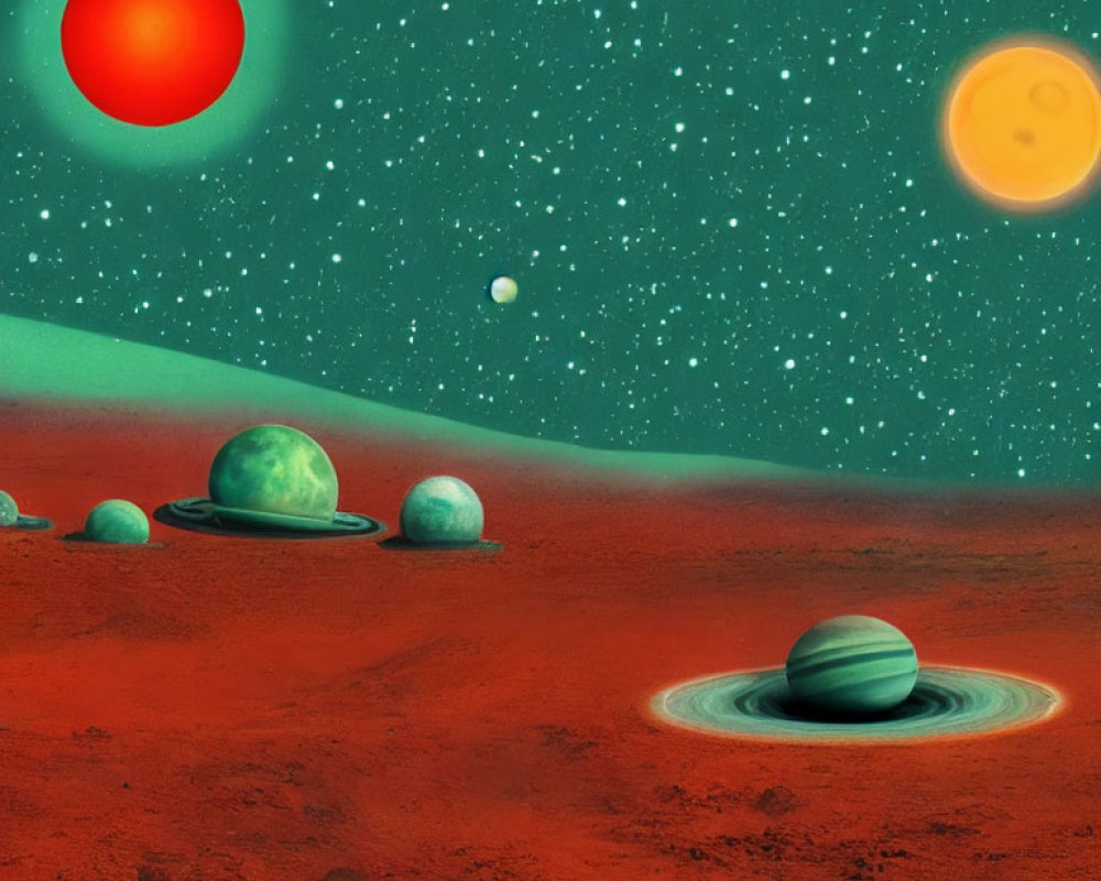 Fantastical Space Landscape with Red Surface and Ringed Planets