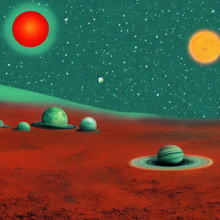 Fantastical Space Landscape with Red Surface and Ringed Planets