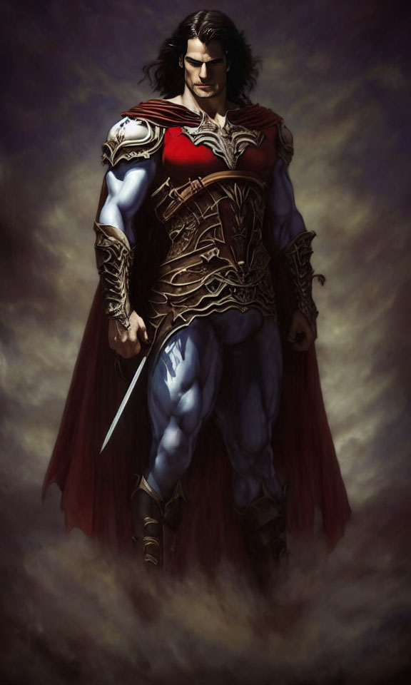 Muscular fantasy warrior in ornate armor with red accents wields sword in misty setting