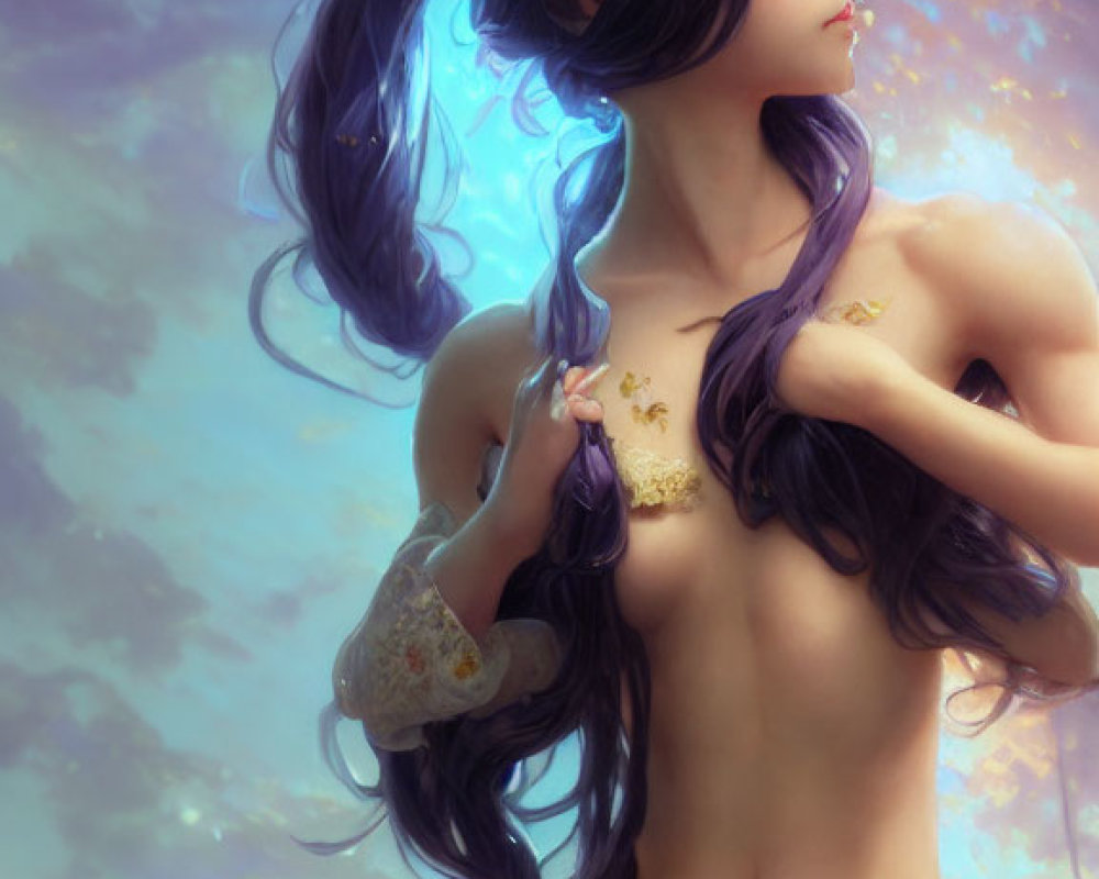 Fantasy artwork of female figure with cat-like ears in dreamy pastel clouds