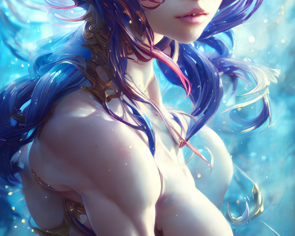 Stylized portrait of woman with blue and purple hair and water droplets.