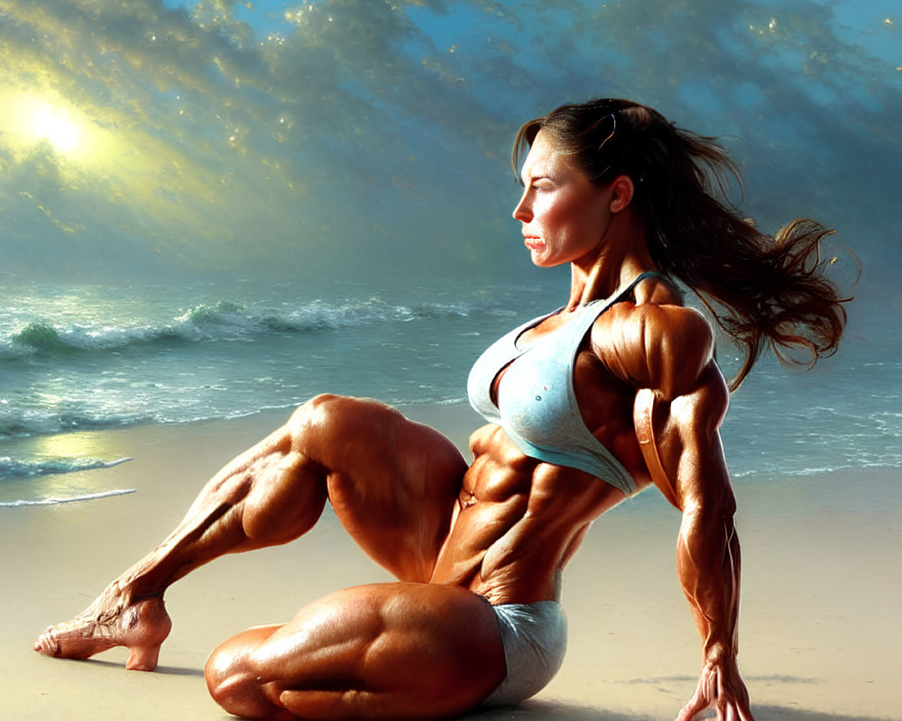 Muscular woman posing on beach at sunset with dramatic clouds