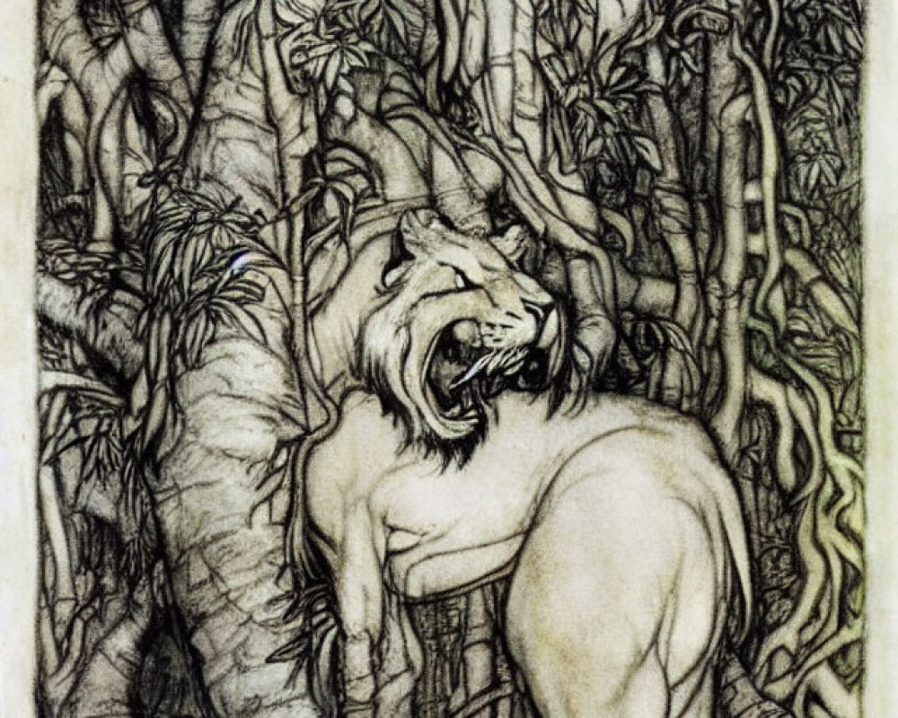 Illustrated lion roaring in dense jungle vines