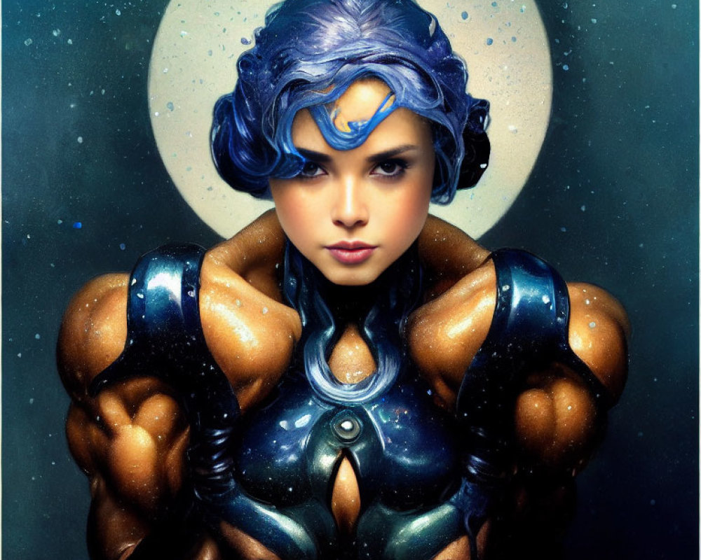 Blue-haired person in futuristic armor against cosmic backdrop.