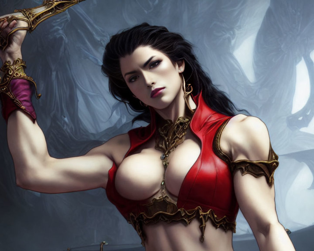 Muscular animated woman in red and gold outfit wields sword with dragon.