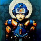 Blue-haired person in futuristic armor against cosmic backdrop.