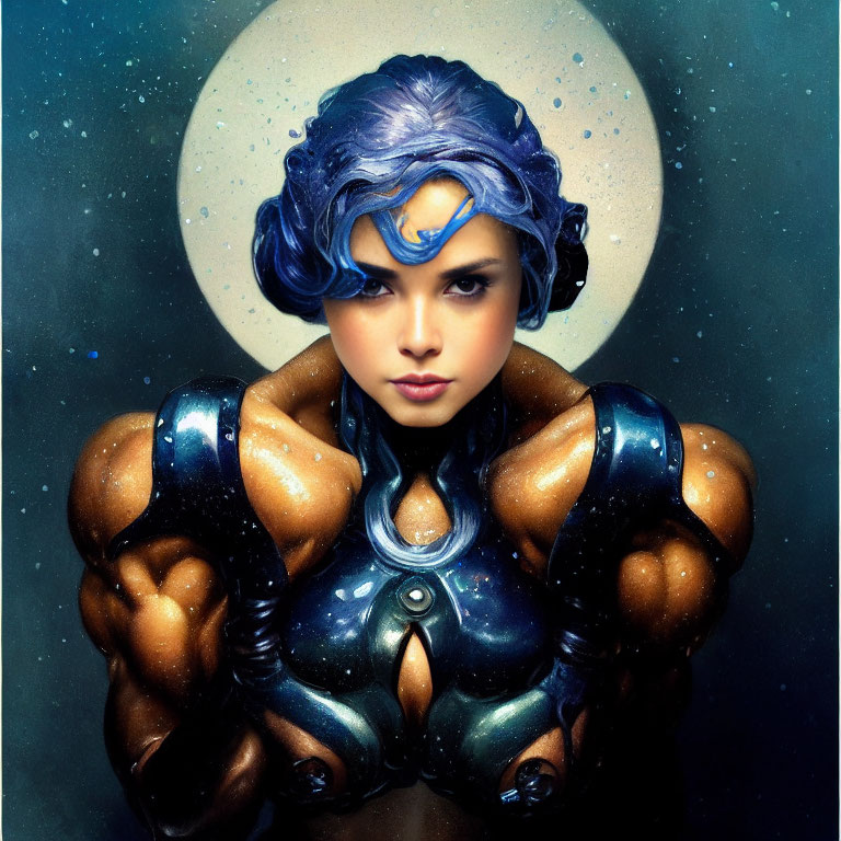 Blue-haired person in futuristic armor against cosmic backdrop.